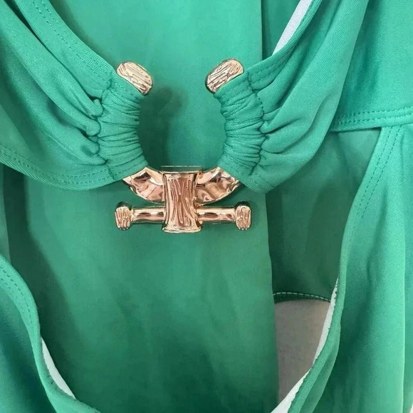 Boohoo Swimsuit Womens 12 Green One Piece Gold Trim Cut Out Strappy - Picture 2 of 5